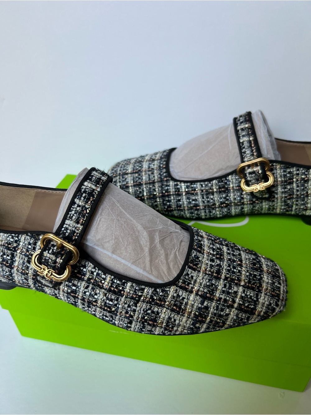 Sam Edelman Navy and White Tweed Mary Jane Flats with Gold Buckle